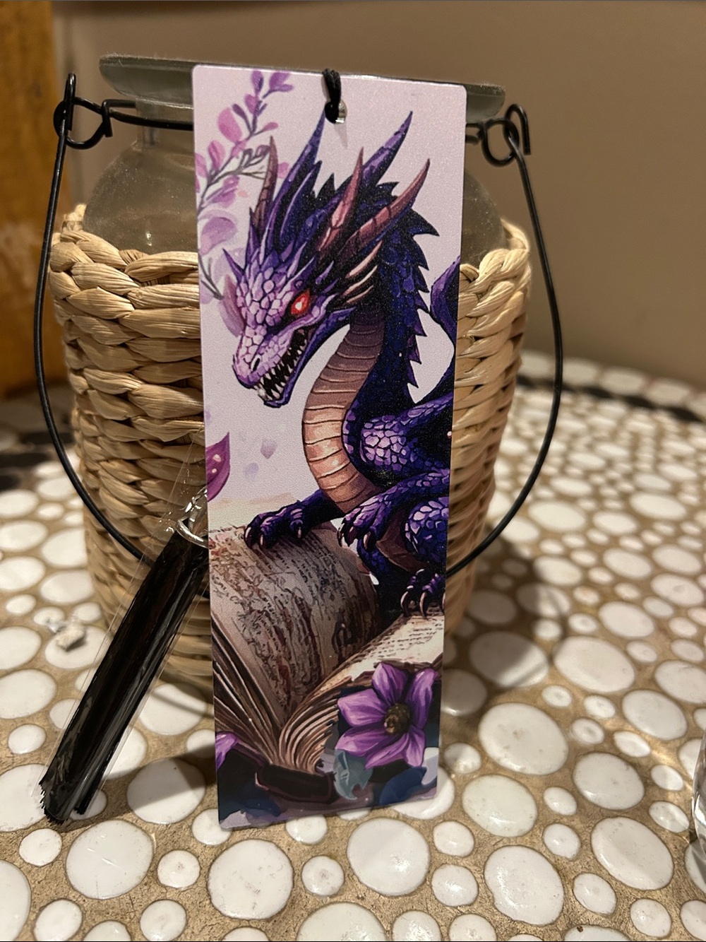 Purple Dragon Acrylic Bookmark with Floral Art